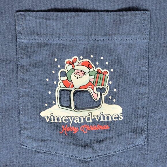 Vineyard Vines Blue Long Sleeve Pocket Tee Santa Sleigh Merry Christmas Tee - XS - Picture 6 of 8